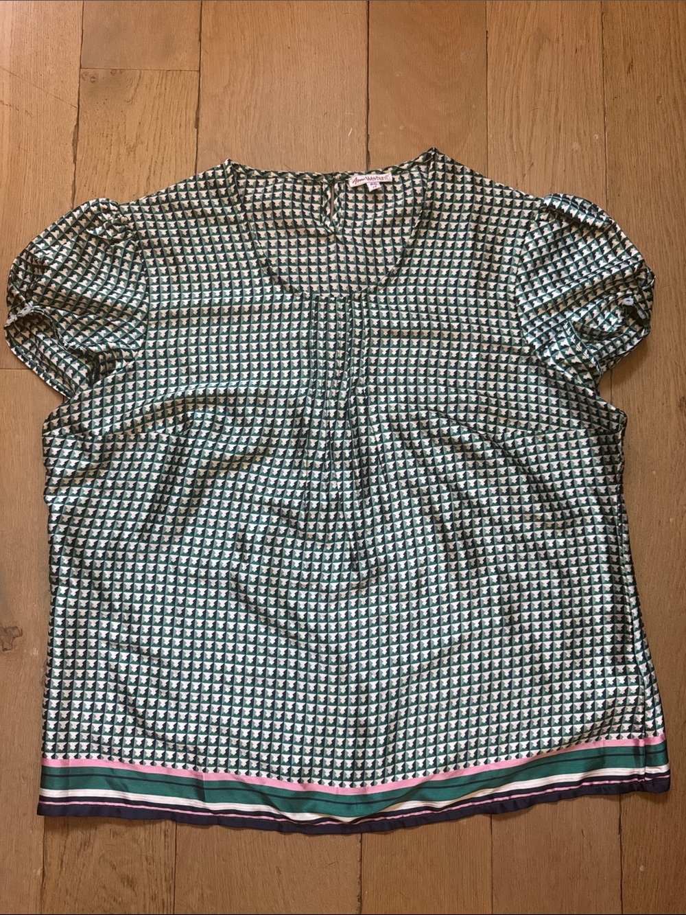 Satin feel Blouse in Teal and White pink detail looks great with jeans